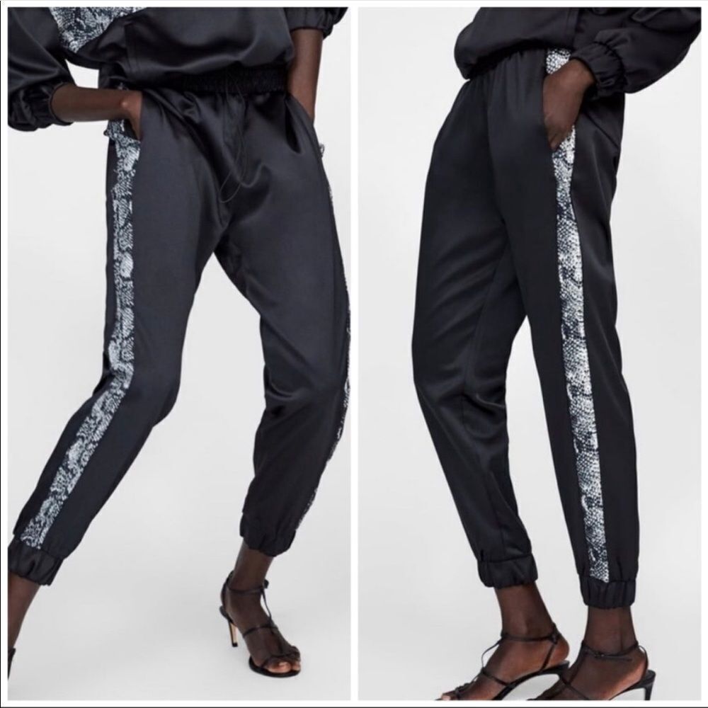 ZARA | NWT Black Sateen Jogger Style Pants Snakeskin Stripe Women’s Size XS